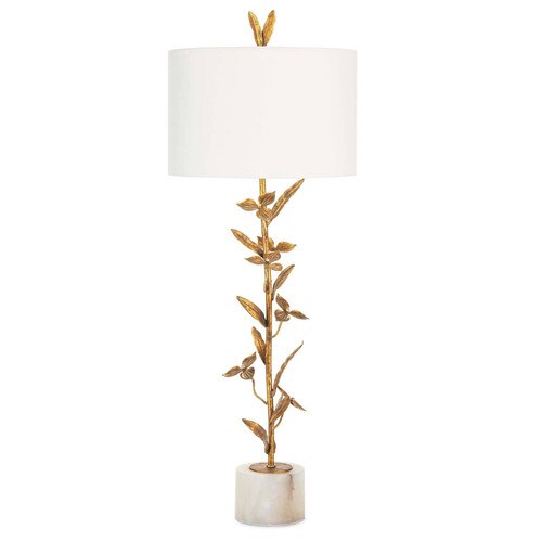 Antique brushed gold buffet lamp with a white shade